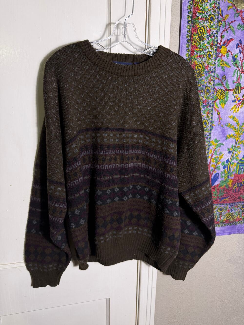 Van Heusen XL Brown Fair Isle Sweater Geometric Grandpa Pullover Crewneck
